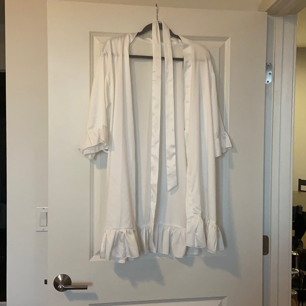 White Ruffle Trim Satin Robe